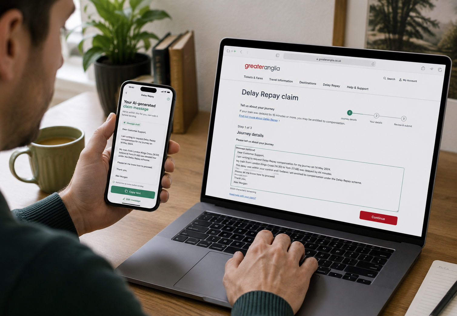 Commuter using AI claim draft on mobile or laptop